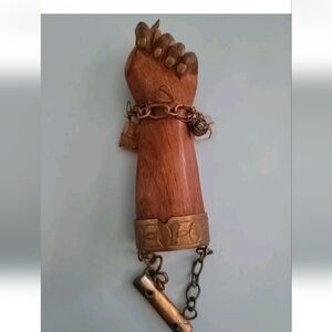 Old Hand Carved Wood Figa Fist W/Gemstone Jewelry Brass Fingernails And Cuff
